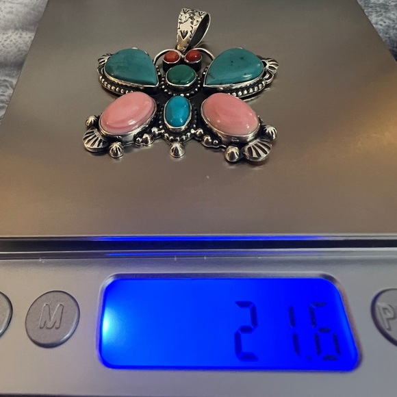 ❤️ Huge Butterfly Multi-Stone Navajo Pendant Conch Kingman Turquoise Coral 21gm - Picture 9 of 11